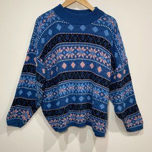 Vintage Croquet 100% Acrylic Fair Island Print Knit Sweater in Blue & Pink Large
